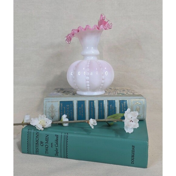 VTG Fenton Peach Crest Jack-in-the-Pulpit Vase Beaded w/Melon Base 1940s–60s USA - Picture 4 of 12